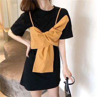 Set: Short-sleeve T-shirt Dress + Spaghetti Strap Knotted Top
