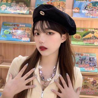 Velvet Beret Hat 21 - Black - One Size