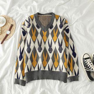 V-neck Rabbit Patterned Sweater As Shown In Figure - One Size