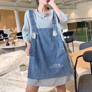 Mock Two-piece 3/4-sleeve Denim Panel T-shirt Dress