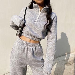 Set: Brushed Half-zipper Cropped Pullover + Loose-fit Jogger Pants