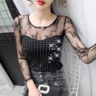 Mock Two-piece Studded Long-sleeve Lace Top