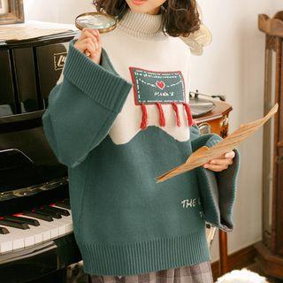 Color-block Fringed Turtleneck Sweater