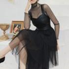 Mock-neck Long-sleeve Paneled A-line Mesh Dress