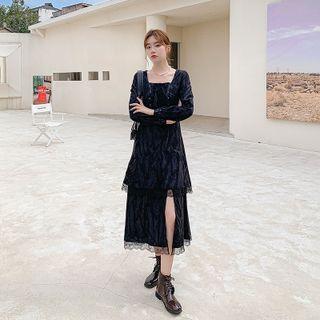 Long-sleeve Lace Trim Slit Midi Dress