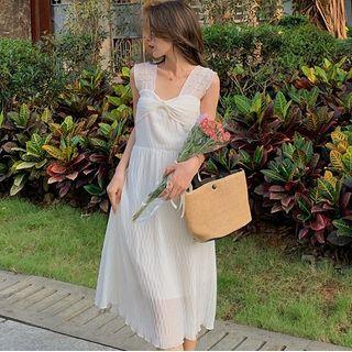 Sleeveless Beaded Bow Accent High Waist A-line Dress