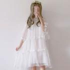 Set: Elbow-sleeve Floral A-line Dress + Slipdress Set - White - One Size