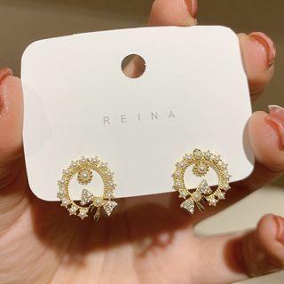 Bow Rhinestone Hoop Earring 1 Pr - Gold - One Size
