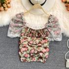 Puff Sleeve Floral Print Crop Blouse Light Brown - One Size