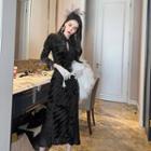 Long-sleeve Fringed Trim Jacquard Midi A-line Dress