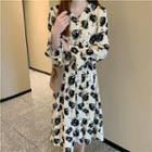 Long-sleeve V-neck Print Dress Almond - One Size