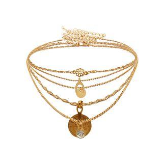 Rhinestone & Disc Layered Necklace 1952 - Gold - One Size
