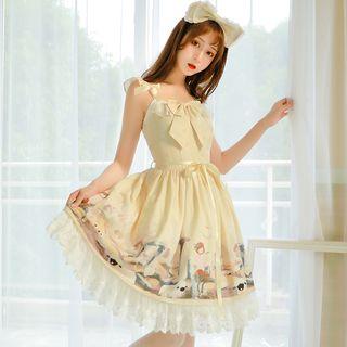 Sleeveless Lace Trim Ribbon Printed Dress