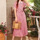 Floral Print Lace-trim Shirt-sleeve Maxi A-line Dress