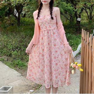 Spaghetti Strap Floral Dress / Long-sleeve Wood Ear Trim Cardigan