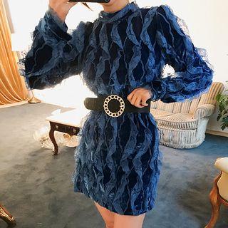 Mock-neck Laced Velvet Mini Shift Dress
