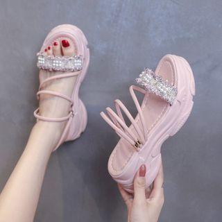 Platform Wedge Faux Pearl Strappy Sandals