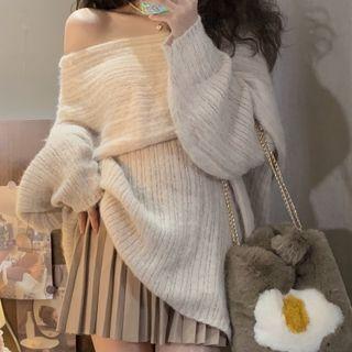 Off-shoulder Plain Loose Fit Sweater Almond - One Size
