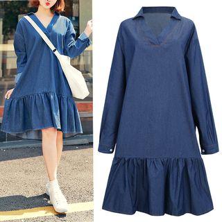 Long-sleeve Denim Ruffle Trim Dress