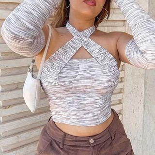 Set: Striped Cropped Halter Top + Arm Sleeves