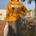 Mock Neck Cat Print Sweater Yellow - One Size