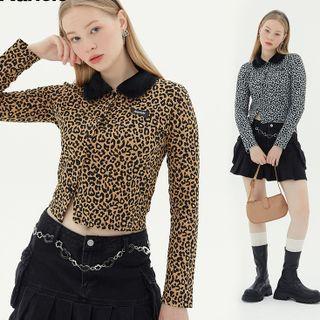 Long Sleeve Leopard Print Buttoned Crop Top