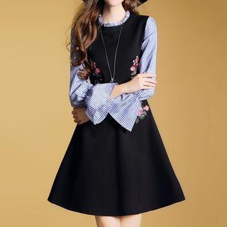 Striped-sleeve Embroidered A-line Dress
