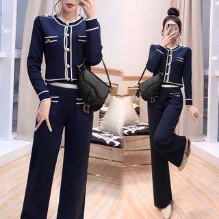 Set: Contrast Stitching Cardigan + Pants