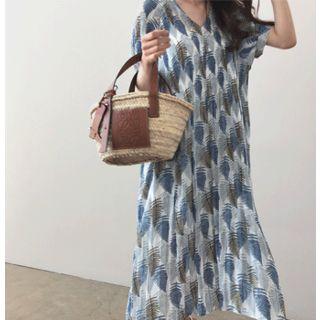 V-neck Pattern Midi Dress With Sash