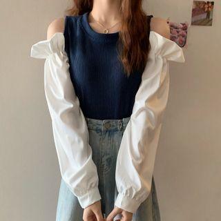 Long-sleeve Cold Shoulder Frill Trim Knit Top