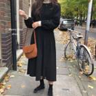 Long-sleeve Button Midi A-line Dress Black - One Size