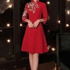 Elbow-sleeve Embroidered Qipao Evening Dress