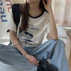 Contrast Trim Printed Short-sleeve T-shirt Blue - One Size