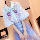 Set: Elbow-sleeve Striped Shirt + Mesh Midi A-line Skirt