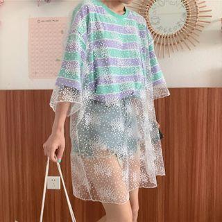 Mesh Mock Two-piece Short Sleeve Striped T-shirt