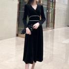 Long-sleeve V-neck Velvet Midi A-line Dress