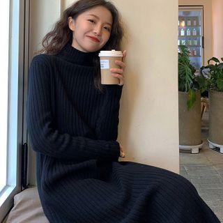 Mock-neck Midi Ribbed Knit Dress