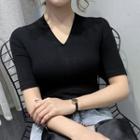V-neck Elbow-sleeve Plain Knit Top
