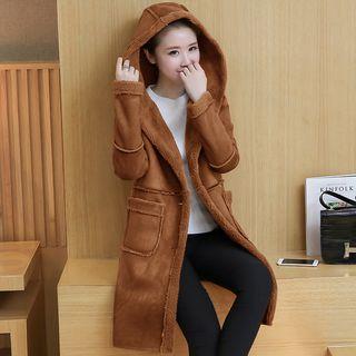 Faux-suede Fleece-lined Hooded Long Coat