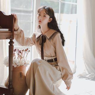 Double Collared Long-sleeve Tie-neck Blouse