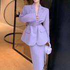 Plain Single-breasted Blazer / Side-slit Midi Pencil Skirt
