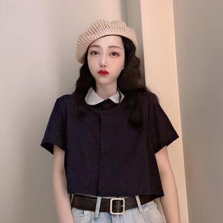 Short-sleeve Contrast Shirt Navy Blue - One Size