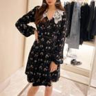Velvet Print Long-sleeve Lace Dress