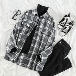 Plain Mock-neck Long-sleeve Top / Plaid Long-sleeve Loose-fit Shirt