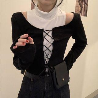 Mock-neck Tank Top / Long-sleeve Lace-up Top / Set