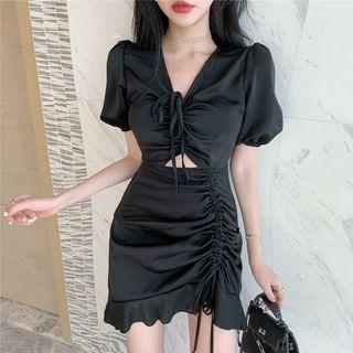 V-neck Puff-sleeve Drawstring Dress