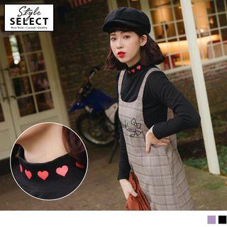 Heart Print Mock Neck Long Sleeve T-shirt