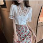 Short-sleeve Lace Panel Blouse / Floral Print Mini A-line Skirt
