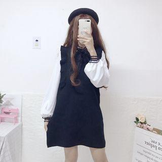 Ruffle Trim Sleeveless Knit Dress / Mesh Trim Blouse