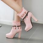 Lace Trim Bead Chunky Heel Short Boots
